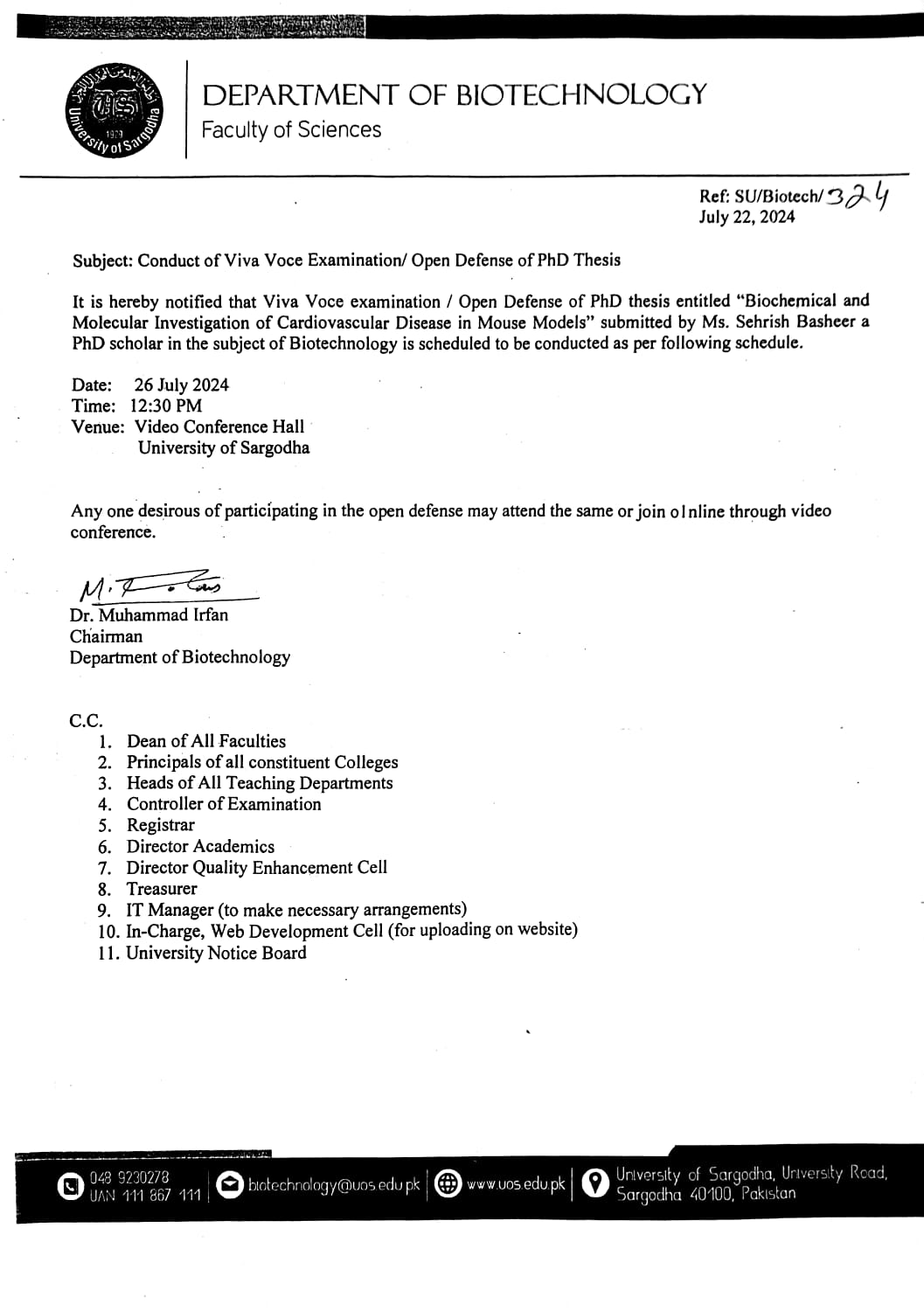 CONDUCT OF VIVA VOCE EXAMINATION/ OPEN DEFENSE OF PHD THESIS (BIOTECHNOLOGY)
